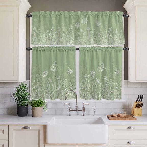 Kitchen Window Curtains Valance and Tier Set, Abstract White Butterfly Floral Rod Pocket Tier Curtains and Valance 3 Piece Set, Minimalist Line Art on Sage Green Window Treatment for Bedroom