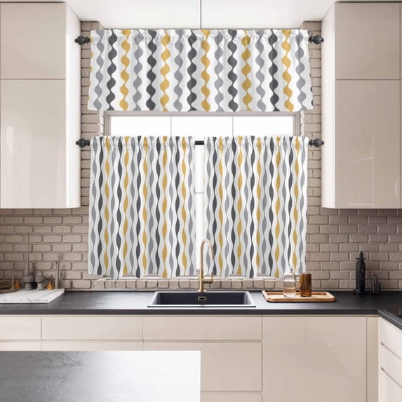 Kitchen Window Curtains Valance and Tier Set, Abstract Yellow Gray White Stripes Rod Pocket Tier Curtains and Valance 3 Piece Set, Geometric Wave Lines Window Treatment for Bedroom Living Room