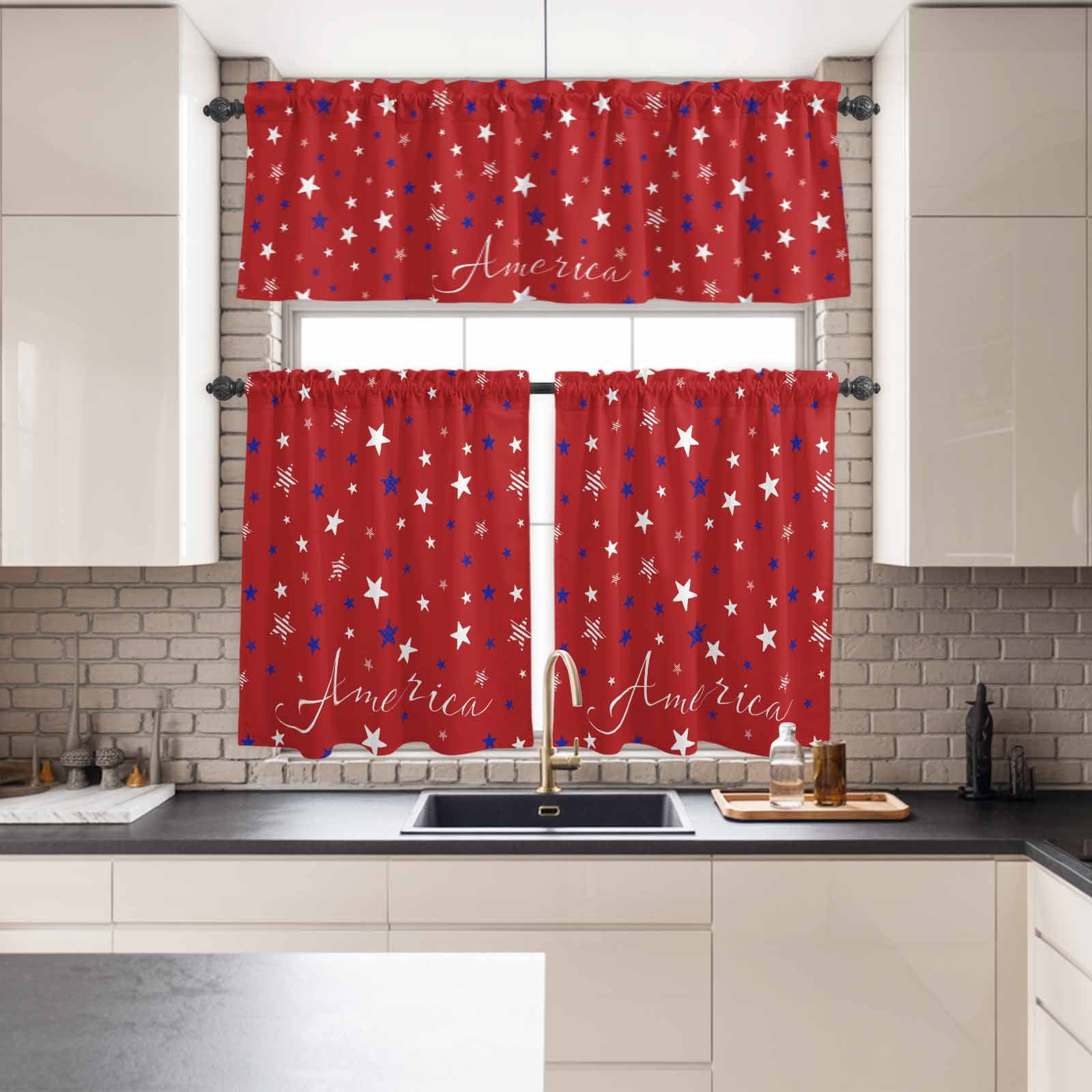 Kitchen Window Curtains Valance and Tier Set, American Stars on Red Rod