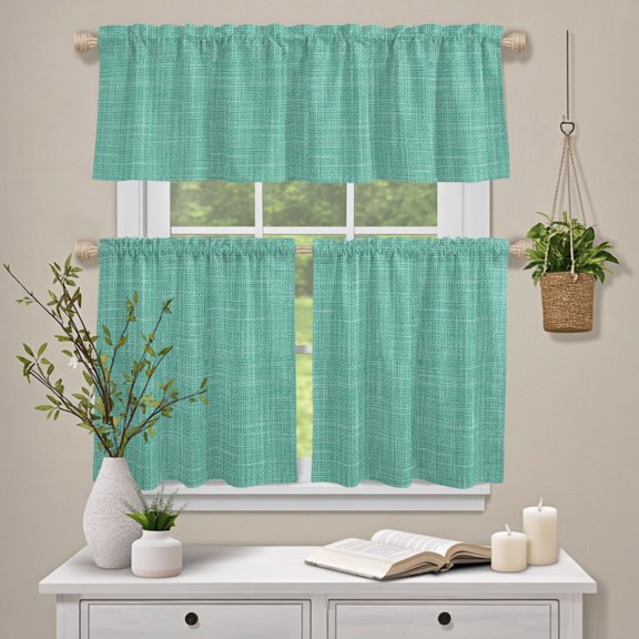 Kitchen Window Curtains Valance and Tier Set, Aqua Linen Texture Rod Pocket Tier Curtain Valance Set, Modern Solid Color Theme Light Filtering Cafe Curtains for Bedroom Living Room
