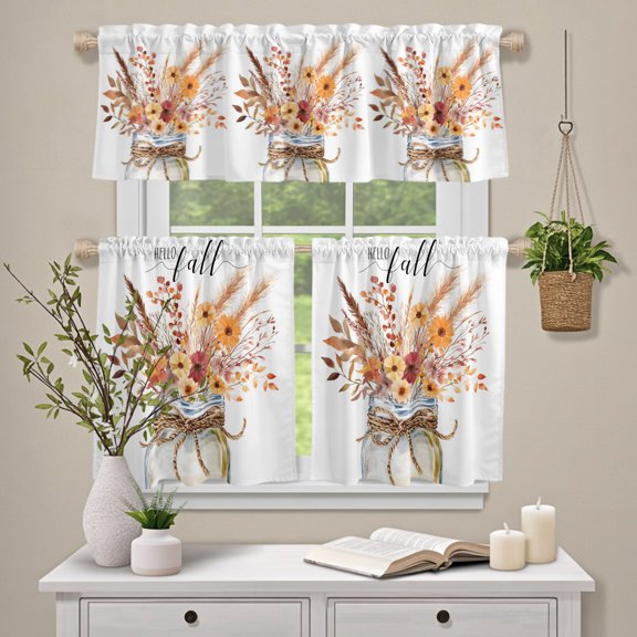 Kitchen Window Curtains Valance and Tier Set, Autumn Floral Reed Watercolor Bottle Rod Pocket Tier Curtain Valance Set, Farm Berries on White Light Filtering Cafe Curtains for Bedroom Living Room