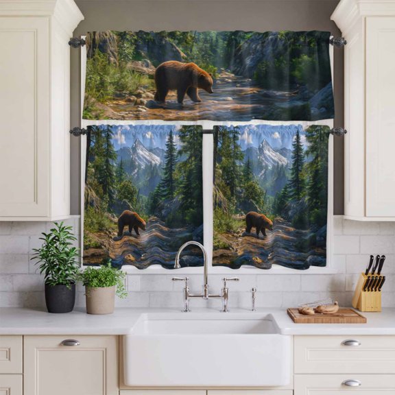 Kitchen Window Curtains Valance and Tier Set, Bear Forest Mountains River Rod Pocket Tier Curtain Valance Set, Natural Scenery Light Filtering Cafe Curtains for Bedroom Living Room