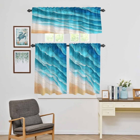 Kitchen Window Curtains Valance and Tier Set, Blue Beige Gradient Ocean Wave Rod Pocket Tier Curtain Valance Set, Sea Stripe Water Ripple Light Filtering Cafe Curtains for Bedroom Living Room