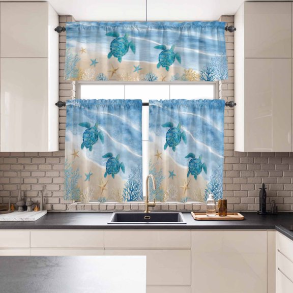 Kitchen Window Curtains Valance and Tier Set, Blue Ocean Wave Sea Turtle Rod Pocket Tier Curtains and Valance 3 Piece Set, Seaside Starfish Coral Window Treatment for Bedroom Living Room