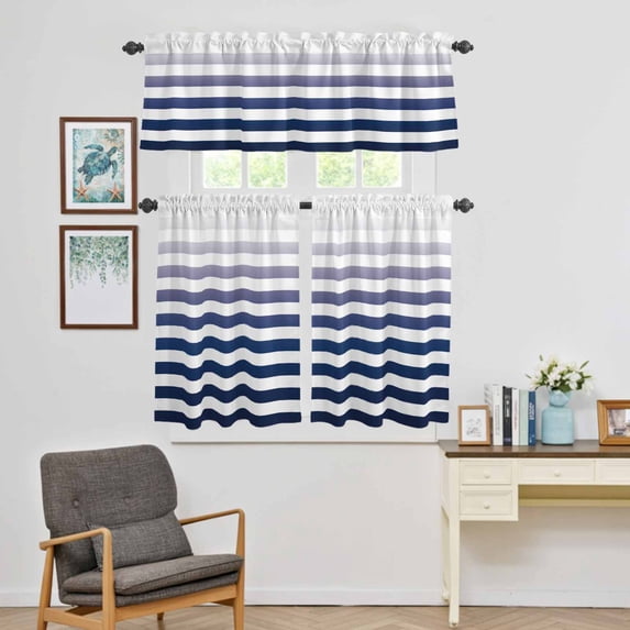Kitchen Window Curtains Valance and Tier Set, Blue White Stripe Summer Ocean Theme Rod Pocket Tier Curtain Valance Set, Gradient Geometric Art Light Filtering Cafe Curtains for Bedroom Living Room