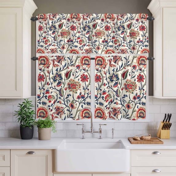 Kitchen Window Curtains Valance and Tier Set, Boho Blossom Flower on Retro Rod Pocket Tier Curtains and Valance 3 Piece Set, Abstract Floral Leaves Window Treatment for Bedroom Living Room