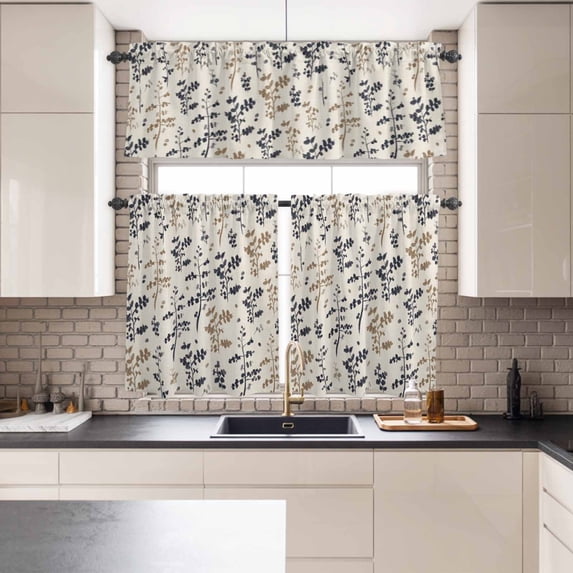 Kitchen Window Curtains Valance and Tier Set, Brown Navy Blue Leaves on Vintage Linen Rod Pocket Tier Curtains and Valance 3 Piece Set, Spring Summer Plants Window Treatment for Bedroom Living Room