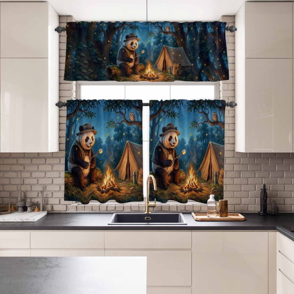 Kitchen Window Curtains Valance and Tier Set, Camping Bonfire Panda Rod Pocket Tier Curtains and Valance 3 Piece Set, Nighttime Firefly Owl Light Filtering Window Treatment for Living Room Bedroom