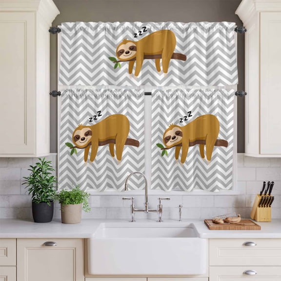 Kitchen Window Curtains Valance and Tier Set, Cartoon Sloth Tree Branch Rod Pocket Tier Curtains and Valance 3 Piece Set, Gray Chevron Stripe Animal Window Treatment for Bedroom Living Room