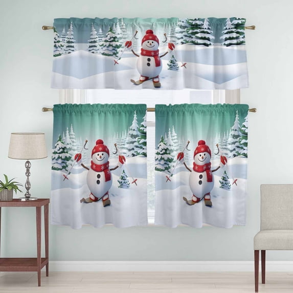 Kitchen Window Curtains Valance and Tier Set, Cartoon Winter Skiing Snowman Rod Pocket Tier Curtain Valance Set, Snowy Forest White Light Filtering Cafe Curtains for Bedroom Living Room