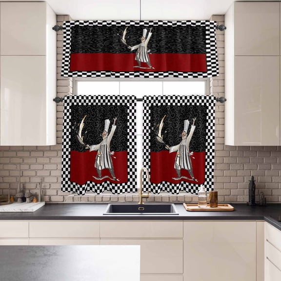 Kitchen Window Curtains Valance and Tier Set, Chef Retro Red Floral Black Checker Rod Pocket Tier Curtains and Valance 3 Piece Set, Cartoon Cook Gourmet Window Treatment for Bedroom Living Room