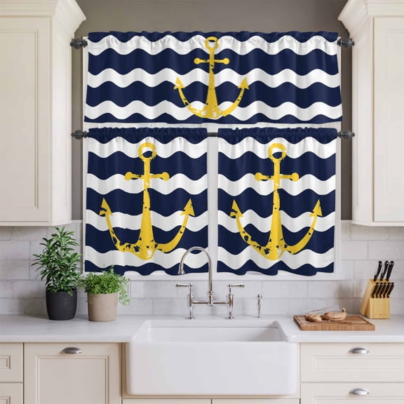 Kitchen Window Curtains Valance and Tier Set, Chic Nautical Anchor on Navy Blue White Sripes Rod Pocket Tier Curtains and Valance 3 Piece Set, Chevron Zig Zag Window Treatment for Bedroom