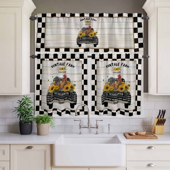 Kitchen Window Curtains Valance and Tier Set, Chicken Old-fashioned Trucks on Vintage Rod Pocket Tier Curtains and Valance 3 Piece Set, Farm Buffalo Plaid Window Treatment for Bedroom Living Room