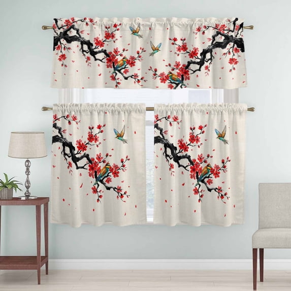 Kitchen Window Curtains Valance and Tier Set, Chinoiserie Bird Red Flower on Linen Rod Pocket Tier Curtain Valance Set, Asian Scenic Spring Art Light Filtering Cafe Curtains for Bedroom Living Room