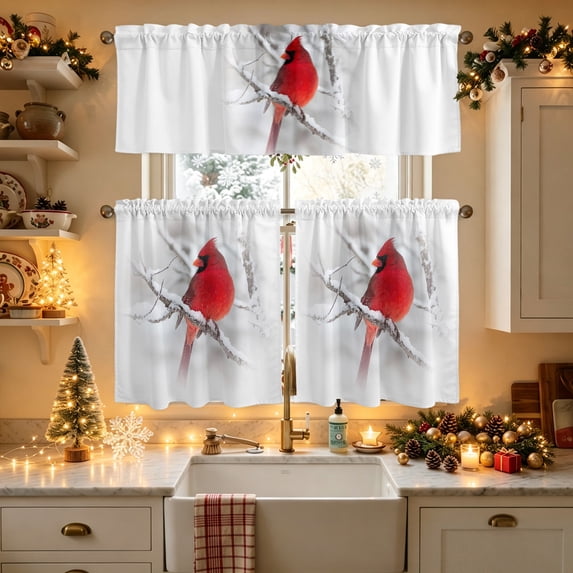 Bird Protective Windows Kitchen Window Curtains Valance and Tier Set, Christmas Cardinal Bird ...