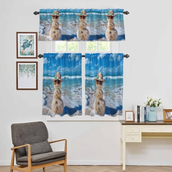 Kitchen Window Curtains Valance and Tier Set, Christmas Snowman Ocean Beach Style Rod Pocket Tier Curtain Valance Set, Blue Waves Shells Light Filtering Cafe Curtains for Bedroom Living Room
