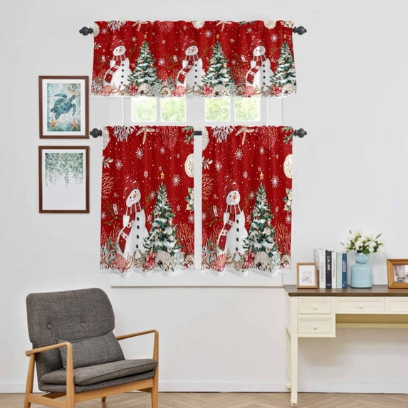 Kitchen Window Curtains Valance and Tier Set, Christmas Snowman Tree Red Rod Pocket Tier Curtain Valance Set, Winter Snowflake Marine Creature Light Filtering Cafe Curtains for Bedroom Living Room
