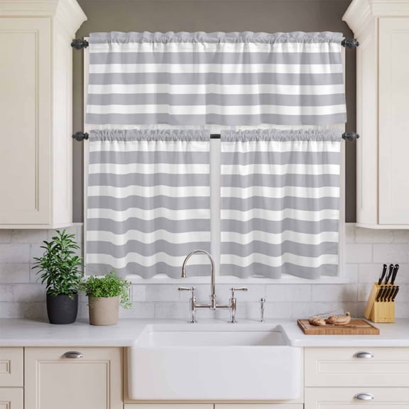 Kitchen Window Curtains Valance and Tier Set, Classic Light Grey and White Stripes Rod Pocket Tier Curtains and Valance 3 Piece Set, Modern Lines Window Treatment for Bedroom Living Room