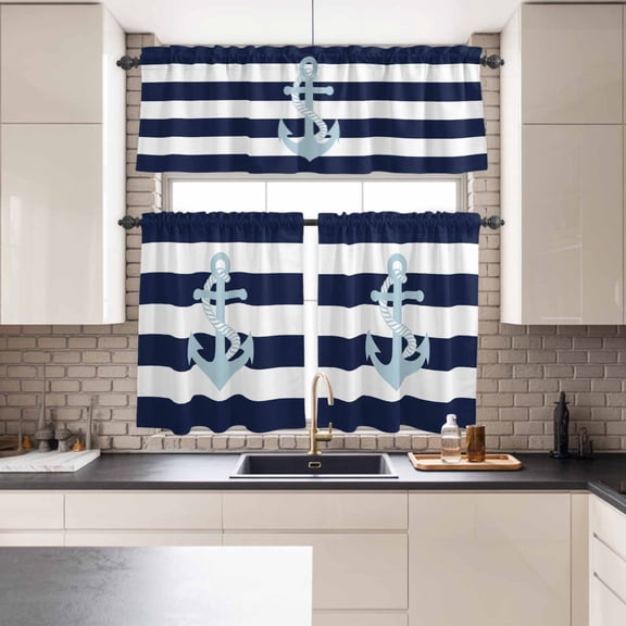 Kitchen Window Curtains Valance and Tier Set, Classic Nautical Anchor Rod Pocket Tier Curtains and Valance 3 Piece Set, Navy Blue White Striped Window Treatment for Bedroom Living Room
