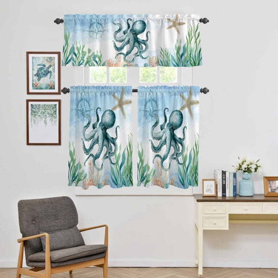 Kitchen Window Curtains Valance and Tier Set, Coastal Ocean Octopus Sea Monster Rod Pocket Tier Curtain Valance Set, Blue Marine Life Light Filtering Cafe Curtains for Bedroom Living Room