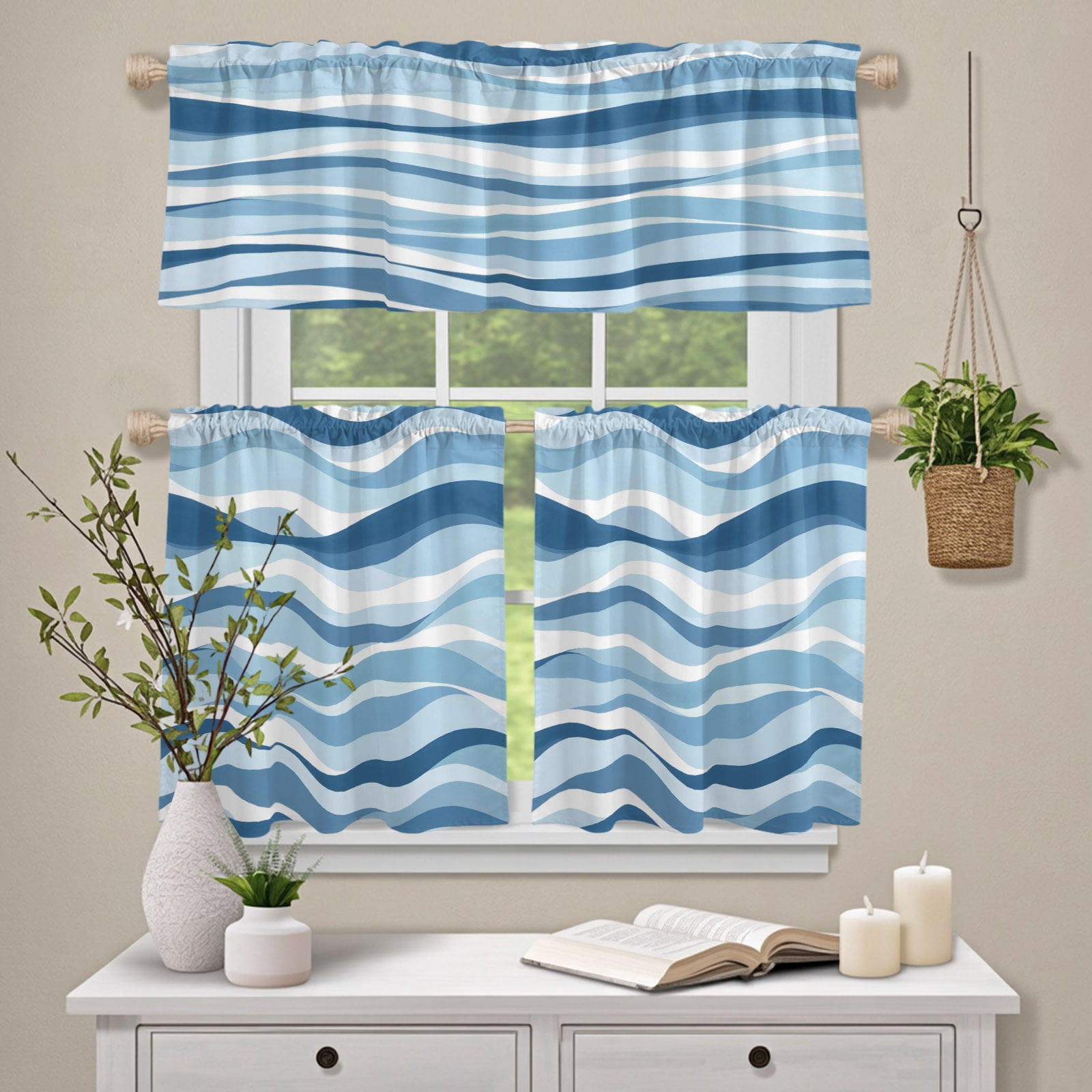 Rod Wave Fall Kitchen Window Curtains Valance and Tier Set, Coastal Ocean Wave Stripe ...