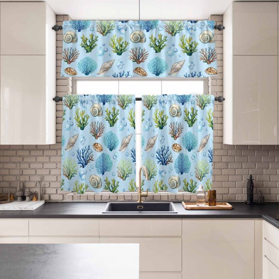 Kitchen Window Curtains Valance Tier Set, Coastal Shell Coral Bubble Rod Pocket Tier Curtains Valance 3 Piece Set, Nautical Ocean Blue Underwater Scene Window Treatment for Living Room Bedroom