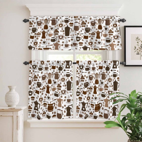 Kitchen Window Curtains Valance and Tier Set, Coffee Maker Beans Cups Cake Rod Pocket Tier Curtain Valance Set, Coffee Time Light Filtering Cafe Curtains for Bedroom Living Room