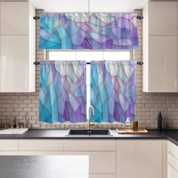 Kitchen Window Curtains Valance and Tier Set, Colorful Glass Splicing Art Rod Pocket Tier Curtains and Valance 3 Piece Set, Abstract Color Block Texture Window Treatment for Bedroom Living Room