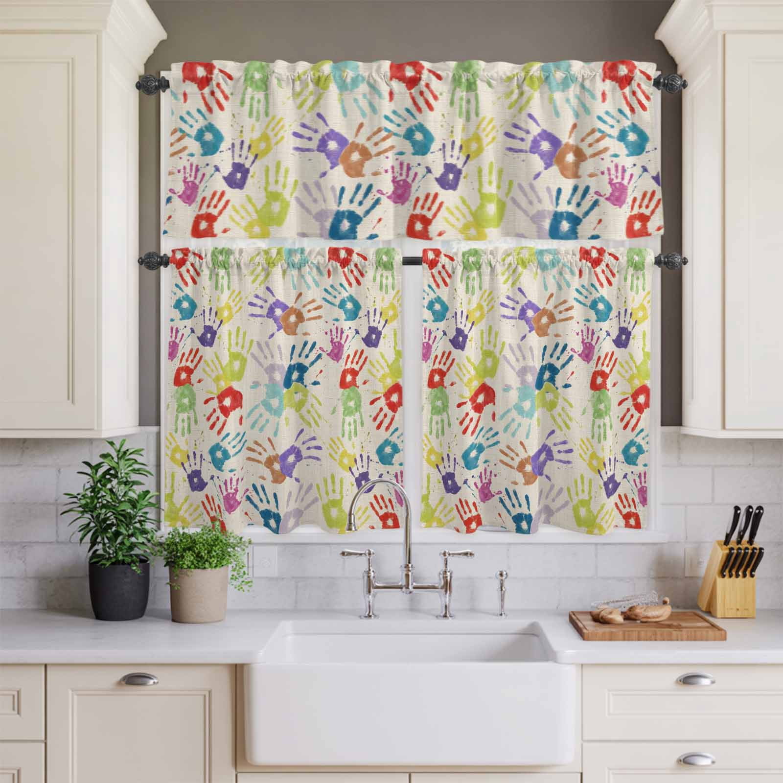 Kitchen Window Curtains Valance and Tier Set, Colorful Handprints on ...