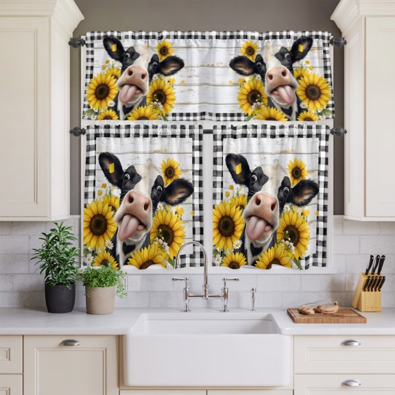 Kitchen Window Curtains Valance and Tier Set, Country Abstract Cow Buffalo Check Rod Pocket Tier Curtain Valance Set, Farmhouse Flower Wood Board Light Filtering Cafe Curtains for Bedroom