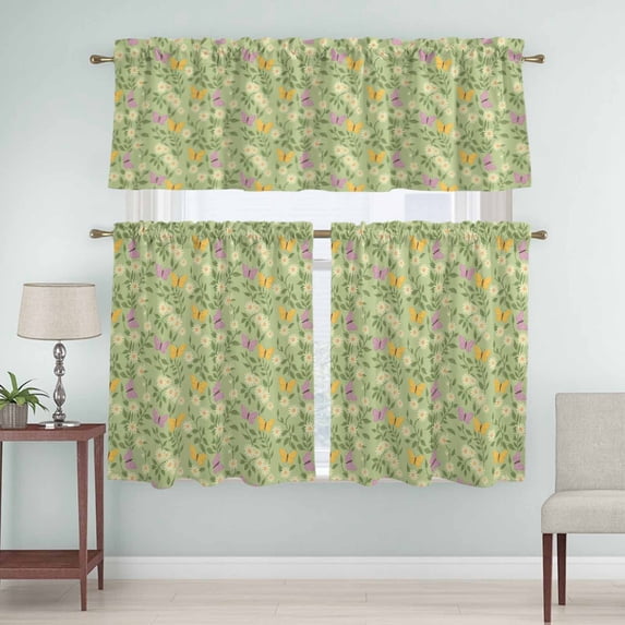Kitchen Window Curtains Valance and Tier Set, Country Daisy Flower Butterfly Leaf Rod Pocket Tier Curtain Valance Set, Pastoral Plant Green Theme Light Filtering Cafe Curtains for Bedroom