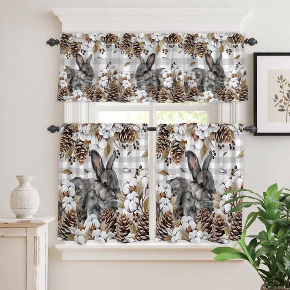 Kitchen Window Curtains Valance and Tier Set, Countryside Rabbits on Gray White Plaid Rod Pocket Tier Curtain Valance Set, Berries Cotton Light Filtering Cafe Curtains for Bedroom Living Room
