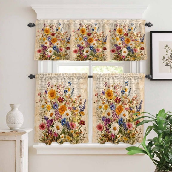 Kitchen Window Curtains Valance and Tier Set, Daisy Summer Blossom Wildflower Rod Pocket Tier Curtain Valance Set, Vintage Old Newspaper Light Filtering Cafe Curtains for Bedroom Living Room