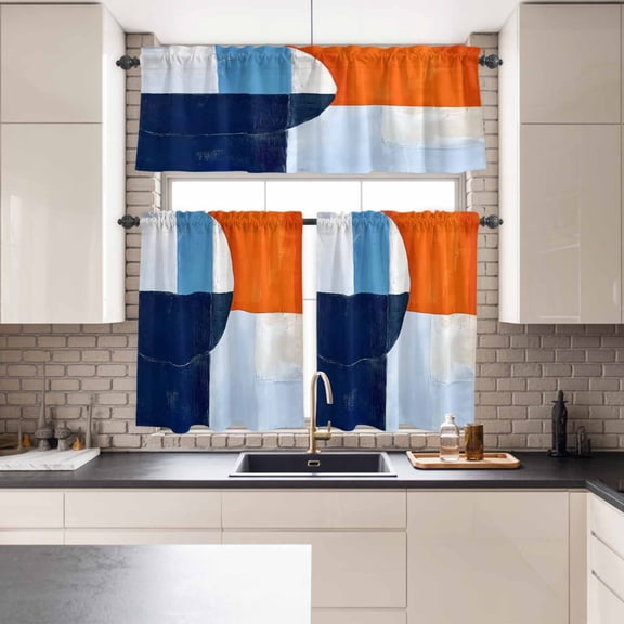 Kitchen Window Curtains Valance and Tier Set, Dark Blue Gradient Color Block Rod Pocket Tier Curtains and Valance 3 Piece Set, Abstract Geometric Modernism Window Treatment for Bedroom Living Room