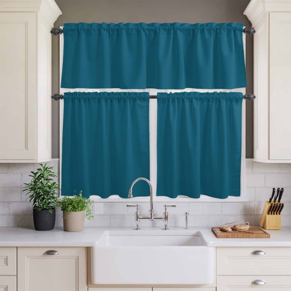 Kitchen Window Curtains Valance and Tier Set, Dark Teal Rod Pocket Tier Curtains and Valance 3 Piece Set, Solid Green Color Light Filtering Window Treatment for Bedroom Living Room