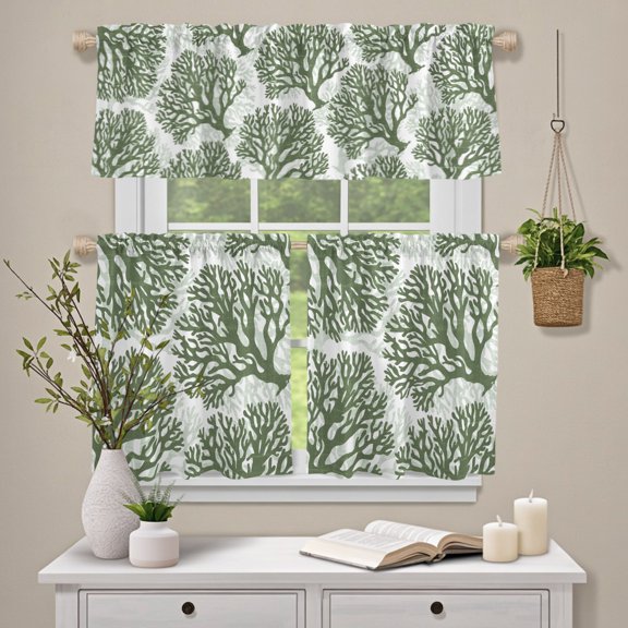 Kitchen Window Curtains Valance and Tier Set, Deep Forest Green Corals Rod Pocket Tier Curtain Valance Set, Retro Marine Life Light Filtering Cafe Curtains for Bedroom Living Room