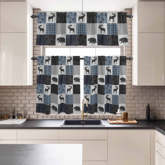 Kitchen Window Curtains Valance and Tier Set, Deer Bear Retro Grey Plaid Rod Pocket Tier Curtains and Valance 3 Piece Set, Forest Animal Shadow Window Treatment for Bedroom Living Room