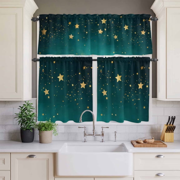 Kitchen Window Curtains Valance and Tier Set, Dream Yellow Star on Teal Blue Rod Pocket Tier Curtains and Valance 3 Piece Set, Night Starry Sky Window Treatment for Bedroom Living Room
