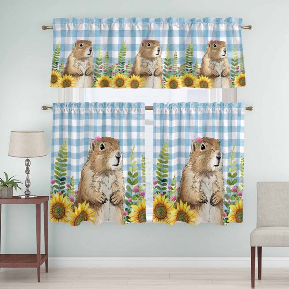Kitchen Window Curtains Valance and Tier Set, The Earth Dial Rat Day Rod Pocket Tier Curtain Valance Set, Farm Sunflowers Blue Paid Light Filtering Cafe Curtains for Bedroom Living Room
