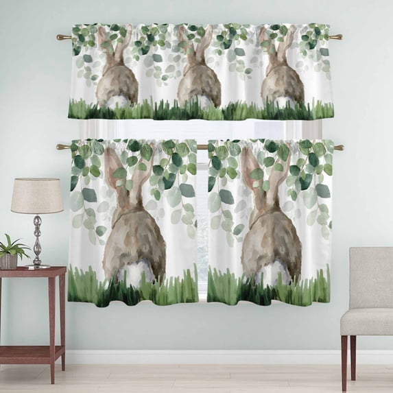 Kitchen Window Curtains Valance and Tier Set, Easter Buuy Pastoral Rabbit Tail Rod Pocket Tier Curtain Valance Set, Green Leaves Meadow Light Filtering Cafe Curtains for Bedroom Living Room