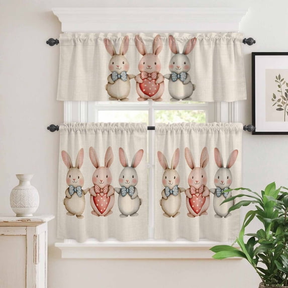 Kitchen Window Curtains Valance and Tier Set, Easter Cute Rabbit on Beige Linen Rod Pocket Tier Curtain Valance Set, Watercolor Bow Light Filtering Cafe Curtains for Bedroom Living Room