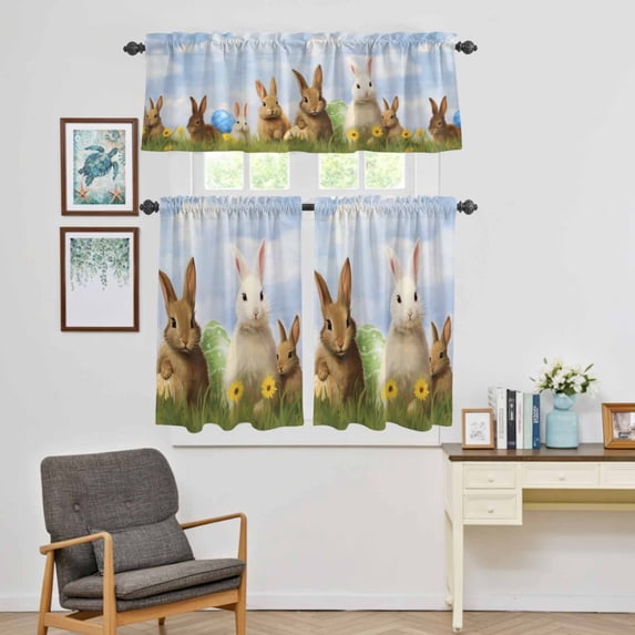 Kitchen Window Curtains Valance and Tier Set, Easter Cute Wild Rabbit with Egg Rod Pocket Tier Curtain Valance Set, Blue Sky Green Grass Light Filtering Cafe Curtains for Bedroom Living Room