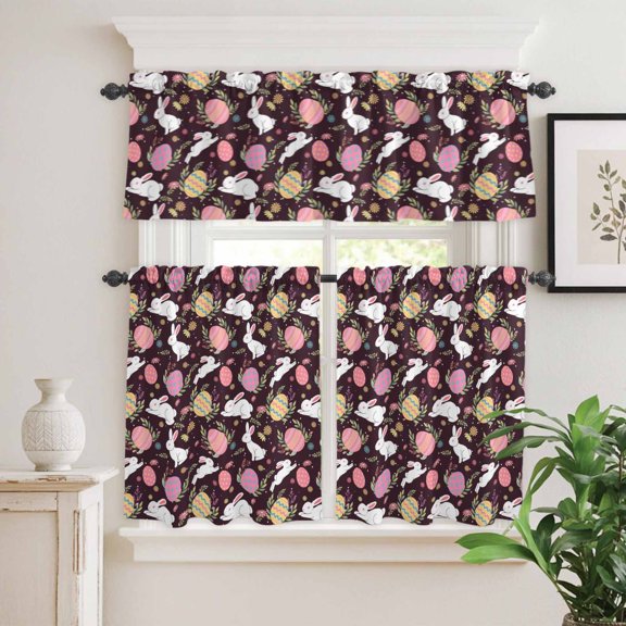Kitchen Window Curtains Valance and Tier Set, Easter Egg Bunny Country Herb Rod Pocket Tier Curtain Valance Set, Farmhouse Rabbit on Black Light Filtering Cafe Curtains for Bedroom Living Room