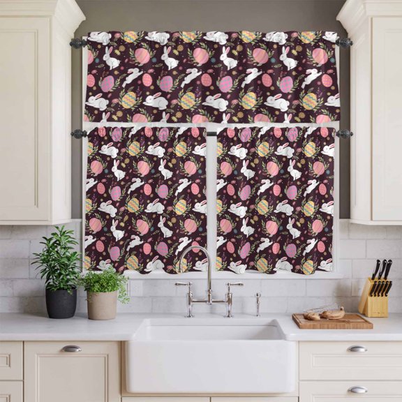 Kitchen Window Curtains Valance and Tier Set, Easter Egg Bunny Country Herb Rod Pocket Tier Curtains and Valance 3 Piece Set, Farmhouse Rabbit on Black Window Treatment for Bedroom Living Room