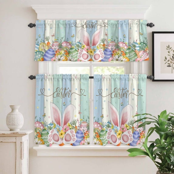 Kitchen Window Curtains Valance and Tier Set, Easter Egg Rabbit Wood Plank Rod Pocket Tier Curtain Valance Set, Spring Pastoral Flower Leaf Light Filtering Cafe Curtains for Bedroom Living Room