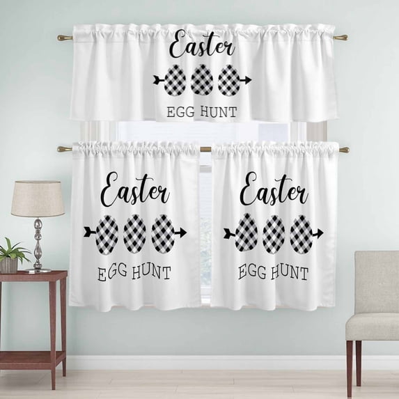 Kitchen Window Curtains Valance and Tier Set, Easter Eggs Black White Buffalo Check Rod Pocket Tier Curtain Valance Set, Simply White Back Light Filtering Cafe Curtains for Bedroom Living Room