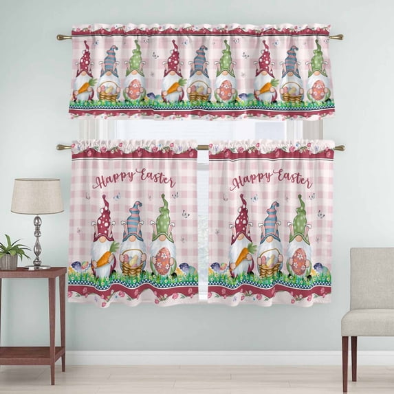 Kitchen Window Curtains Valance and Tier Set, Easter Gnomes with Colorful Eggs Rod Pocket Tier Curtain Valance Set, Butterfly Florals on Pink Checker Light Filtering Cafe Curtains for Bedroom