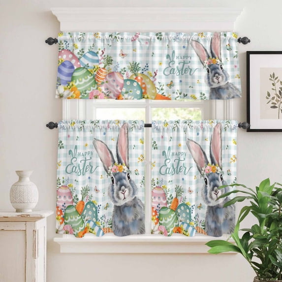 Kitchen Window Curtains Valance and Tier Set, Easter Rabbit Egg Carrot Rod Pocket Tier Curtain Valance Set, Spring Flower Butterfly Buffalo Plaid Light Filtering Cafe Curtains for Bedroom