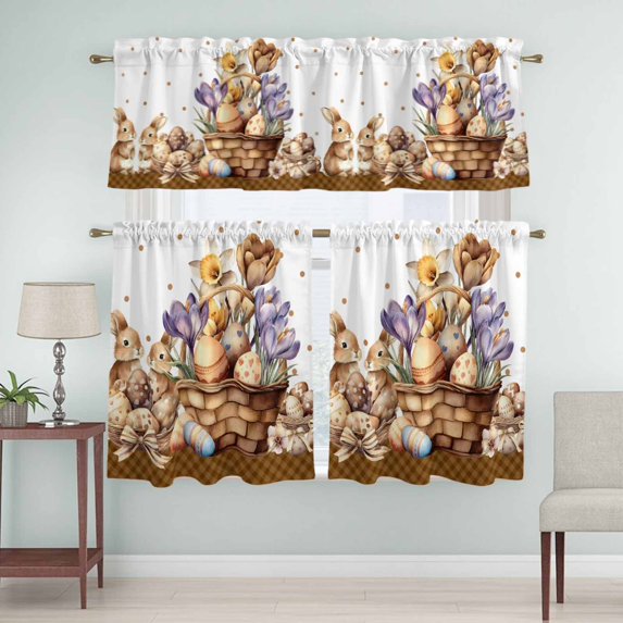 Kitchen Window Curtains Valance and Tier Set, Easter Rabbits Flowers Eggs Rod Pocket Tier Curtain Valance Set, Coffee Colors Bunnies Light Filtering Cafe Curtains for Bedroom Living Room