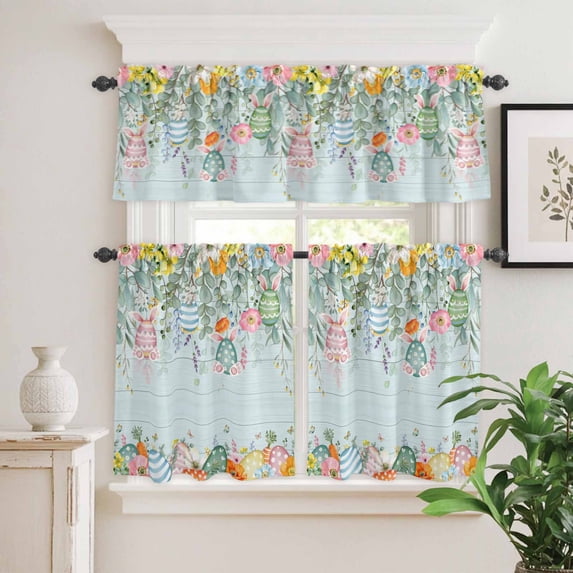 Kitchen Window Curtains Valance and Tier Set, Easter Spring Floral Eggs Bunny Ears Rod Pocket Tier Curtain Valance Set, Flower Leaves on Teal Wood Light Filtering Cafe Curtains for Bedroom